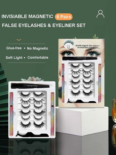 

reusable handmade 6 pairs invisiable magnetic false eyelashes set super soft & light glue-fake lashes with manget eyeliner tweezer easy to w