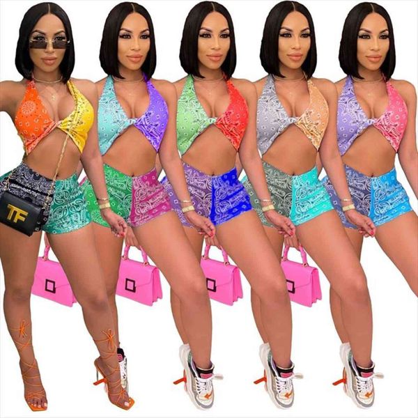 

bandana print two piece women tracksuits set summer halter crop and biker shorts clubwear outfits matching sets tracksuitit, Gray