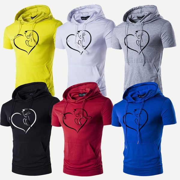 

men's t-shirts 2021 summer hooded t-shirt casual solid love cat printing short sleeve drawstring pocket tracksuit male tees, White;black