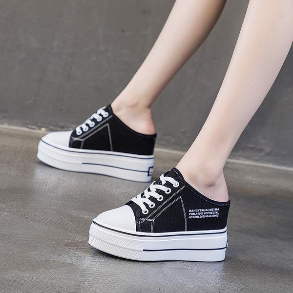 

slippers women's half-care outside wear 2021 summer casual thick-soled baotou lazy sandals with 8cm height increase, Black