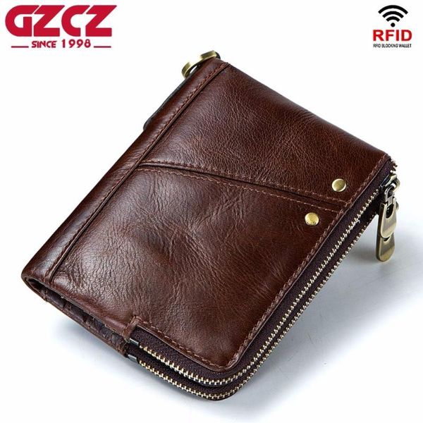 

wallets gzcz wallet men zipper design 2021 men's genuine leather vallet mini coin purse crazy horse male walet for rfid, Red;black
