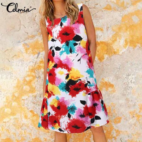 

casual dresses summer women flower print dress celmia ladies plus size o-neck sleeveless beach sundress female vestidos 5xl, Black;gray