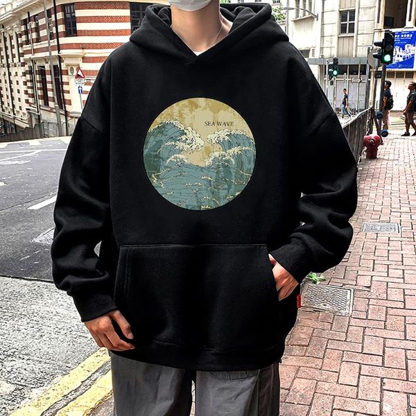 

men's hoodies & sweatshirts hip hop loose harajuku funny printed oversized japanese men casual vintage sea wave gothic sweatshir, Black