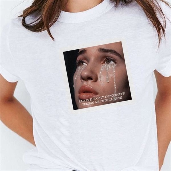 

pain is the only thing that's telling me i' still alive crying girl t-shirt tumblr fashion grunge quotes tee 210512, White