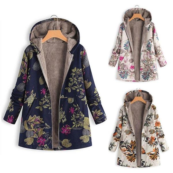 

women's jackets flower leaf printed women autumn winter warm hooded coat zipper overcoat, Black;brown