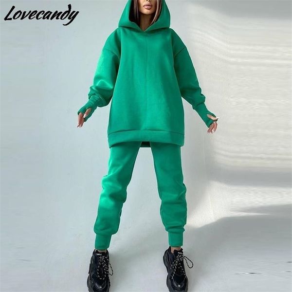 Outono Mulheres Fleece Capuz Tracksuit Dois Parte Set Feminino Casual Oversized Hoodies Basculador Calças De Senhora Senhora Sportswear Terno 211105