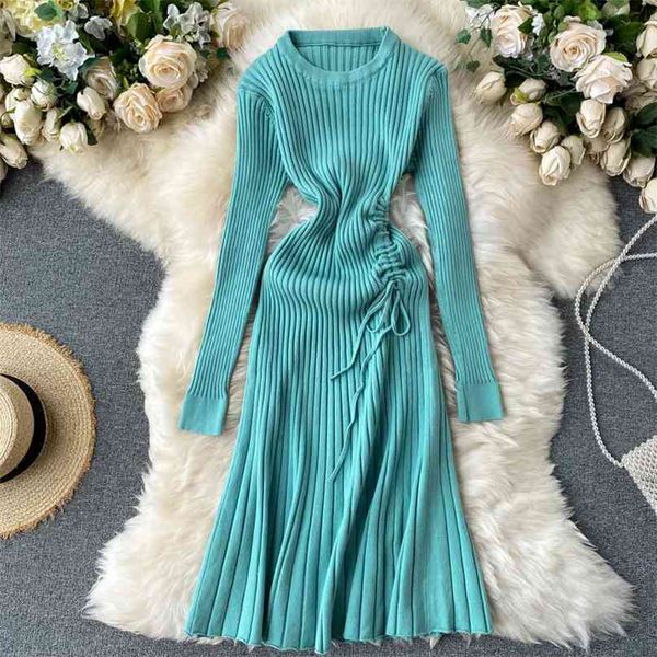 

women's autumn and winter fashion round neck drawstring pleated high waist slim retro knit sweater dress vestidos p069 210527, Black;gray