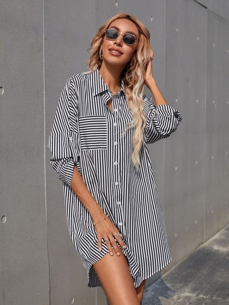 

striped roll up sleeve shirt dress h0xy#, Black;gray
