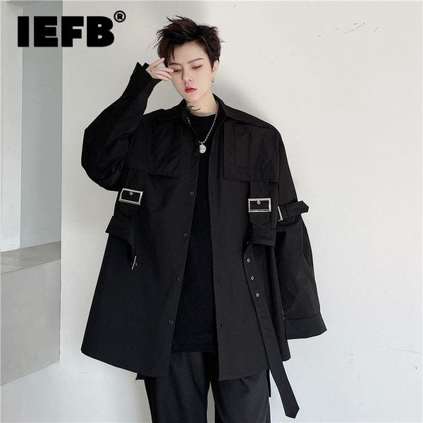 

men's casual shirts iefb 2021 sprign bandage patchwork design black white for men long sleeve oversized blouse streetwear 9y6267, White;black