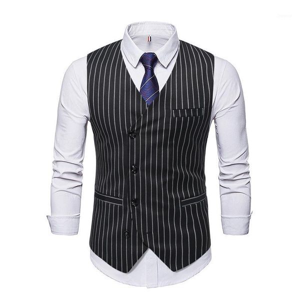 

men's vests style men suit vest with single breasted stripes smart casual waistcoat, Black;white