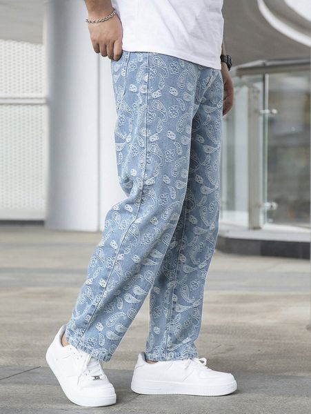 

men paisley print straight leg jeans c9pg#, Blue