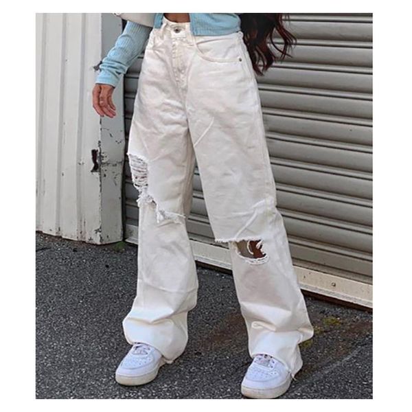 

ripped women's jeans tassel high waist women denim pants solid color autumn casual ladies female straight trousers, Blue