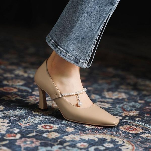 

dress shoes apricot french high heels women's thick 2021 line pearl wedding minority design temperament single, Black