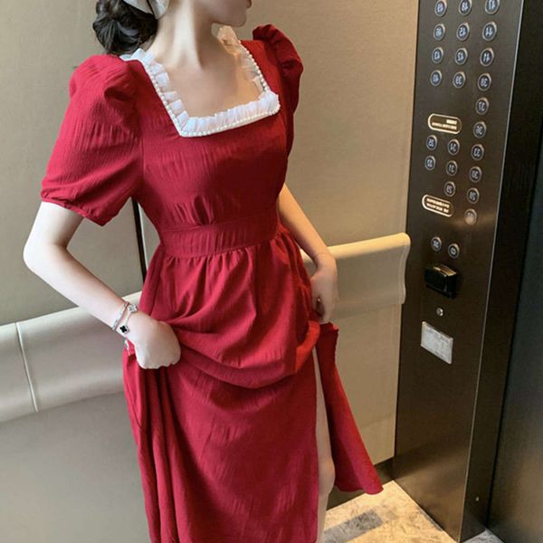

big fat mm red square collar dress women's summer french waist length 200kg, Black;gray