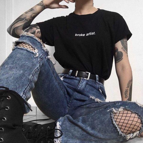 

broke artist letters print black graphic summer t-shirt gothic aesthetic tee 90s punk t shirt harajuku tumblr clothing tees women's, White