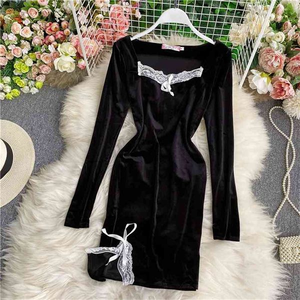 Sonbahar Kış Yan Yarık Dantel Küçük Siyah Elbise Uzun Kollu Vestidos Kadın Ince Kare Yaka Kadife UK527 210506