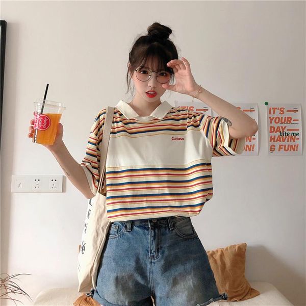 

summer striped t-shirt women's comfortable lapel short-sleeved fashion ladies shirt, White