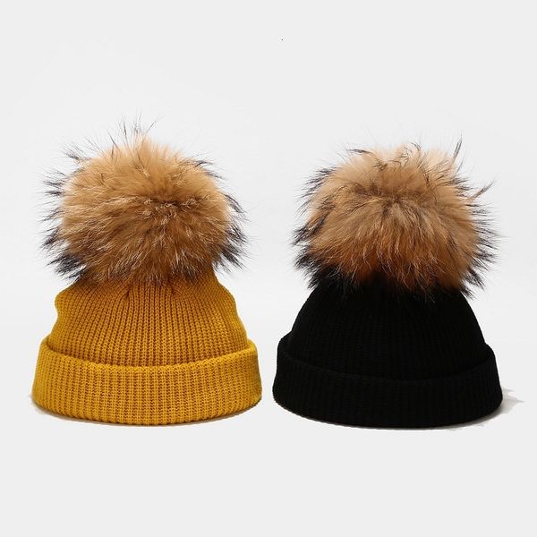 

real hair ball hat boys and girls autumn and winter outdoor warm knitting hat simple lovely wool ear protection hat, Blue;gray