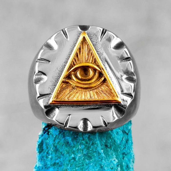 

cluster rings ason illuminati triangle masonic stainless steel mens punk for male boyfriend biker jewelry creativity gift wholesale, Golden;silver