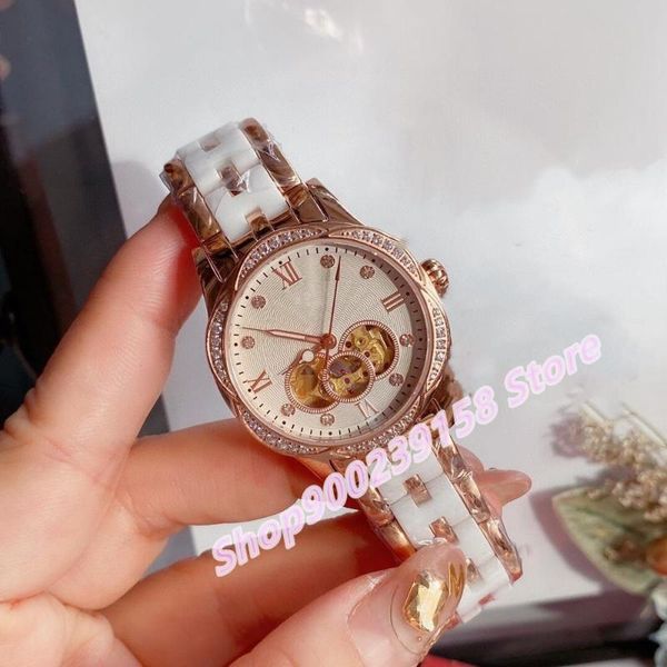 

luxury women automatic mechanical ceramic watch stainless steel full diamond flower bezel genuine leather flywheel clock wristwatches, Slivery;brown