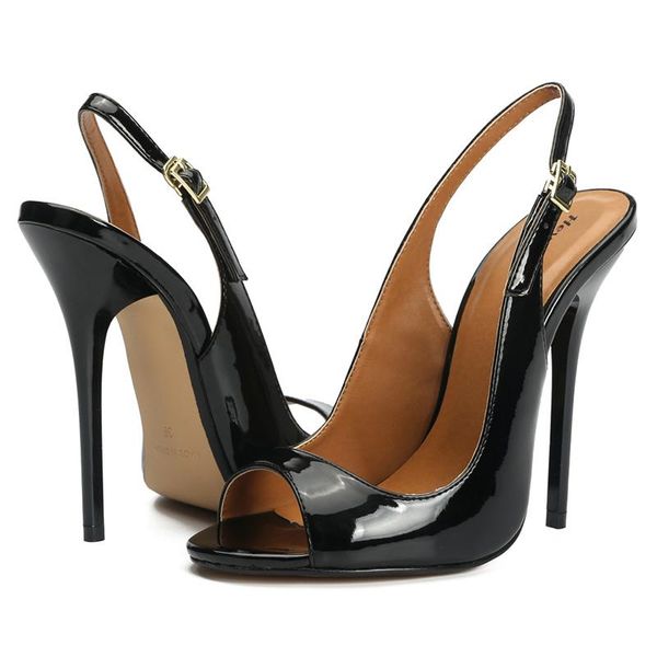 

peep toe women elegant sandals ladies slingbacks buckle high heels thin female classic shoes 2021 woman plus size 48, Black