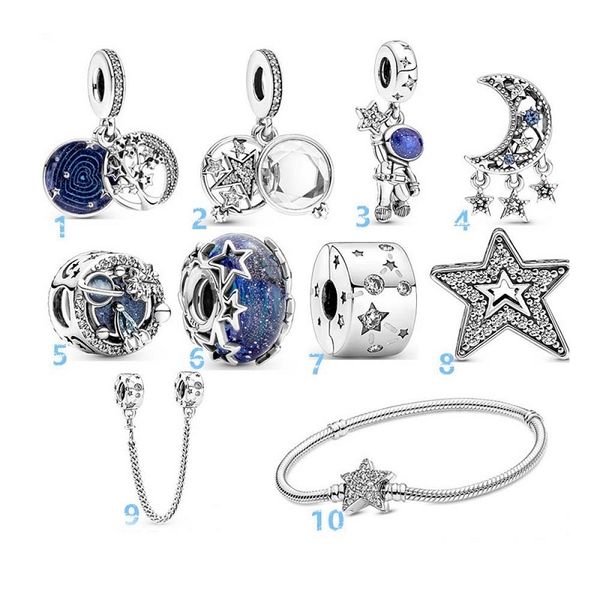 Adatto Pandora Bracciale in argento sterling 20pcs Blu Starry Moon Stars Smalto Perline di cristallo Borsa Charms per catena europea di fascino del serpente Moda gioielli fai da te all'ingrosso