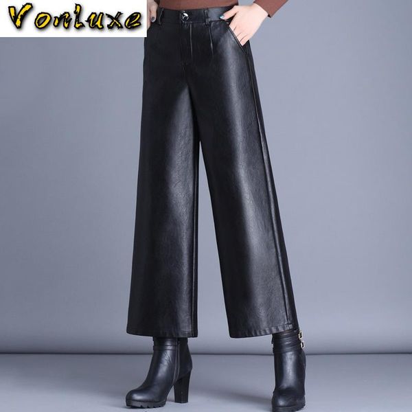 

women's pants & capris faux pu leather wide leg 2021 autumn winter warm streetwear high waist work office ladies loose trousers female, Black;white