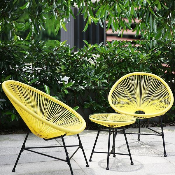 

3pcs/set balcony cafe table&chairs set creative breathable moon chair heavy loading plastic wire+steel patio furniture camp