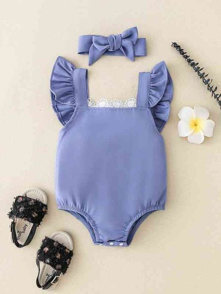 

baby contrast guipure lace ruffle trim bodysuit with headband she, Blue