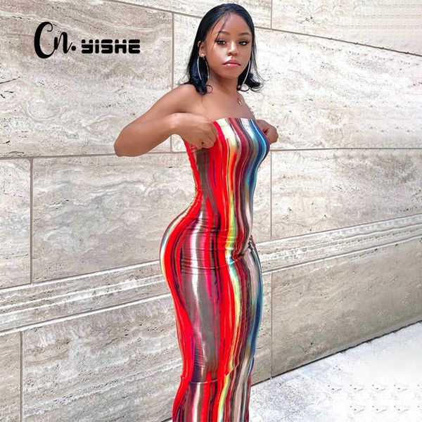 

cnyishe women strapless maxi dress summer off the shoulder bodycon long dress striped tie dye sleeveless dresses women 210419, Black;gray