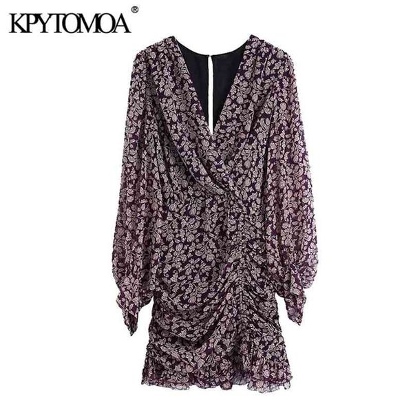

women chic fashion floral print pleated mini dress v neck long sleeve back zipper female dresses vestidos mujer 210420, Black;gray