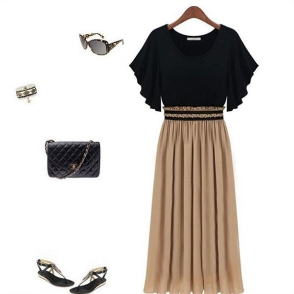 

knitted 2020 contrast new swing chiffon stitching large women's dress, White;black