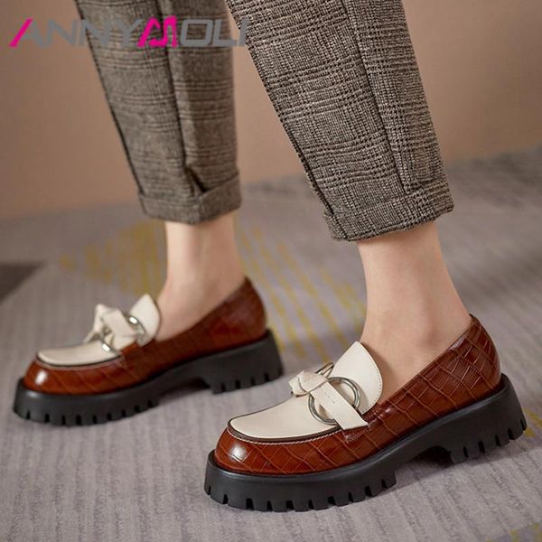 

dress shoes annymoli real leather loafers women platform med heels metal decoration thick heel pumps female footwear spring black 40