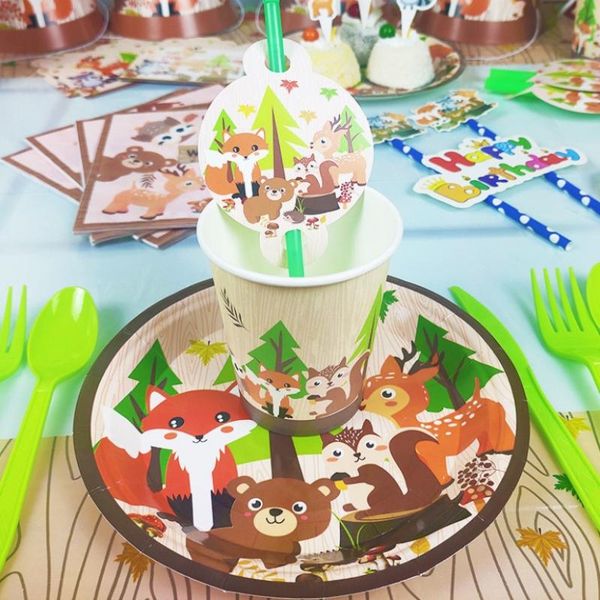 

disposable dinnerware cartoon forest animal theme tableware children's birthday party decoration balloon napkin plate baby shower