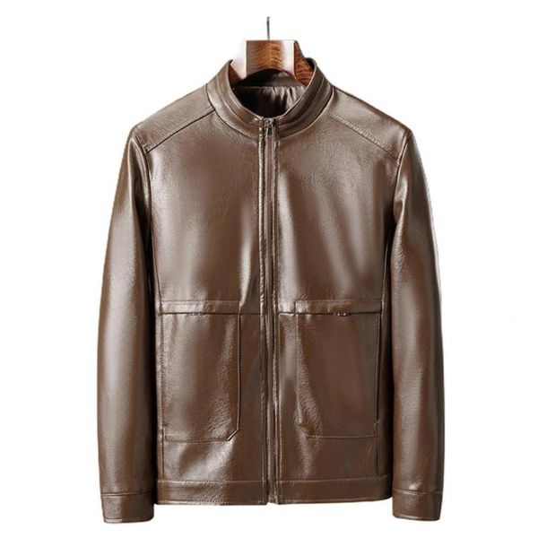 

men's jackets plus size stylish zipper closure men jacket stand collar autumn winter faux leather solid color slim motorcycle outwear, Black;brown