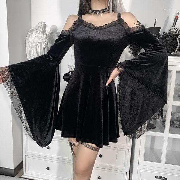 

casual dresses goth flare sleeve black dress women aesthetic velvet vintage lace autumn off shoulder harajuku elegant party, Black;gray