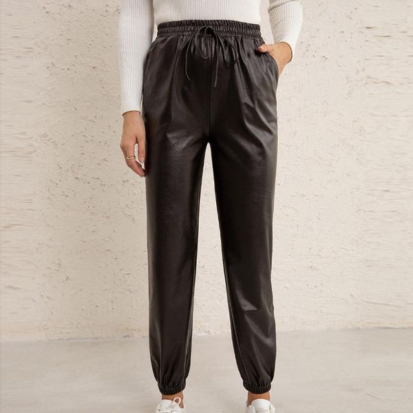 

women's pants & capris 2021 fashion woman leather women cargo high waist elastic trousers joggers female vintage straight leg, Black;white