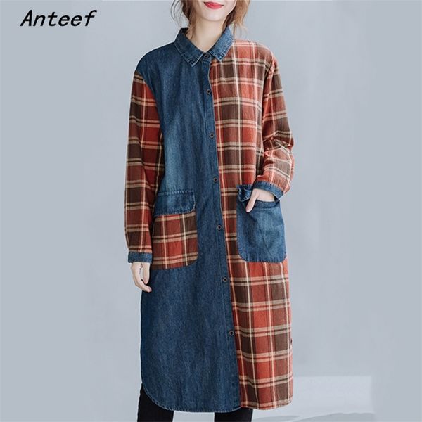 

long sleeve plus size cotton denim vintage plaid women casual loose midi autumn shirt dress elegant clothes ladies dresses 210517, Black;gray