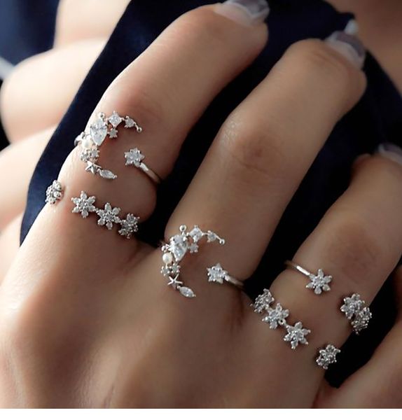 

special offer 70% off luxury jewelry 5-piece ring set for bride, star and moon, Silver