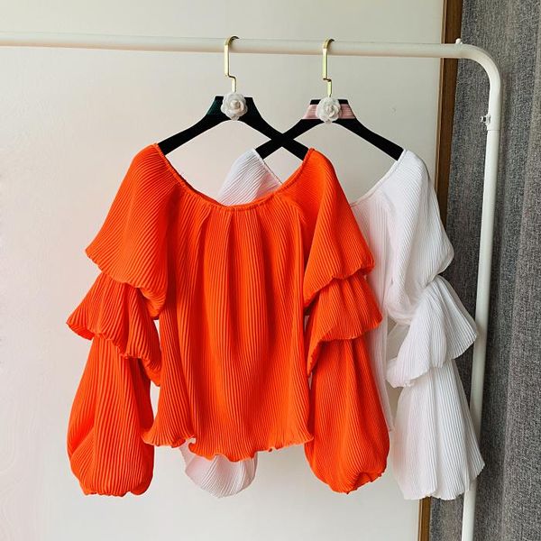 

women's blouses & shirts 2021 spring and summer oblique shoulder lantern sleeve pleated chiffon lady versatile clothing womens, White