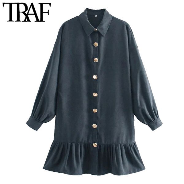 

traf women chic fashion button-up ruffled mini shirt dress vintage long sleeve loose female dresses vestidos mujer 210415, Black;gray