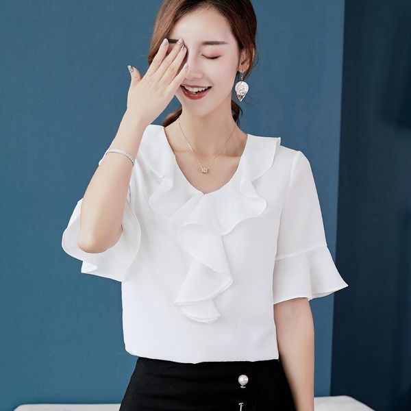 

women's blouses & shirts 2021 spring/summer large size fashion shirt ladies all-match thin pure color chiffon, White