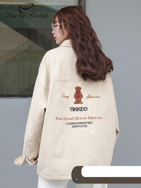 

women's jackets ladies plus size turn-down collar cotton coat women korea zipper jacket casual solid color cartoon embroidery outerwear, Black;brown