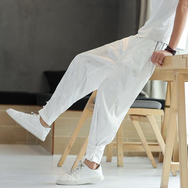 

men's pants plus size chinese style men fashion 2021 pan kou design joggers dragon pattern loose harem clothing 5xl-m, Black