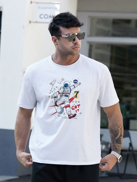 

extended sizes men slogan & astronaut print tee l9u1#, White;black