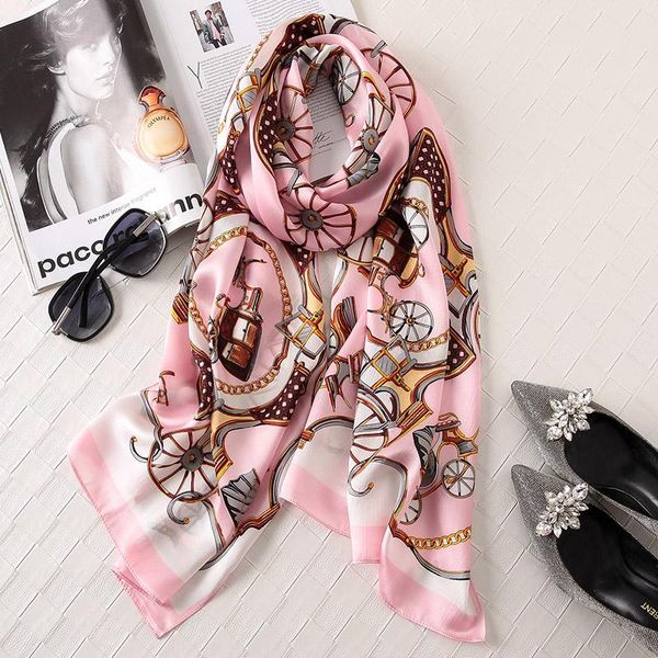 

scarves 100% real silk scarf women printed 2021 long natural ladies soft beach head foulard femme bandana, Blue;gray