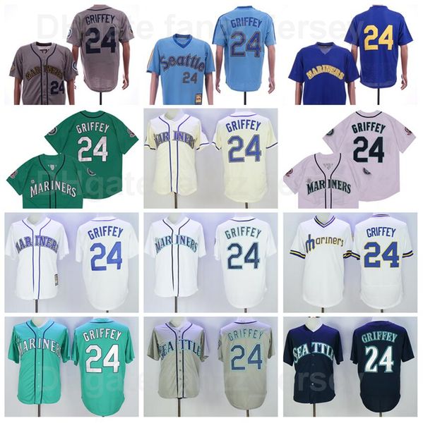 

1984 1995 retire baseball 24 ken griffey jr jersey vintage flexbase cool base pullover embroidery and sewing green white navy blue grey team, Blue;black