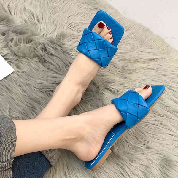 

slippers rimocy blue weave flat for women 2021 summer open toe beach sandals flip flops woman plus size soft pu leather slides kuf, Black