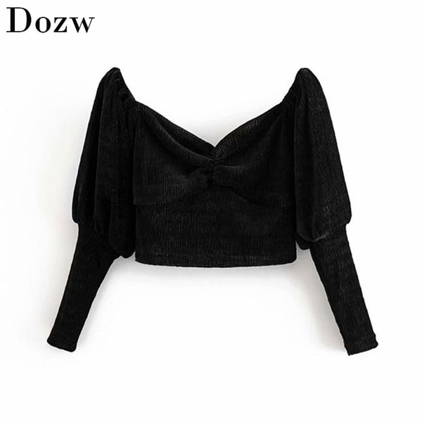 

women stylish black short velvet blouses long sleeve v neck chic crop vintage female blouse casual shirts blusas 210515, White
