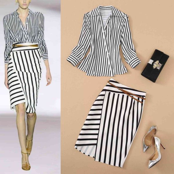 

two piece dress european and american catwalk v-neck 3/4 sleeve striped blouse + half skirt euh0, White